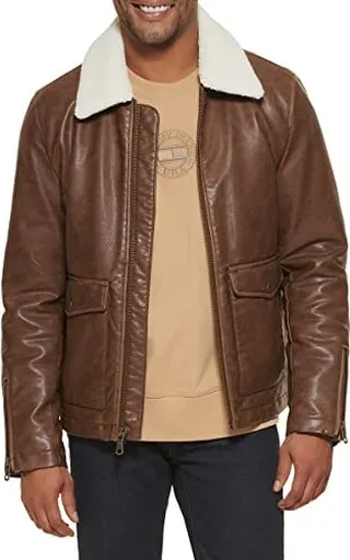 Tommy Hilfiger Men's Faux Leather Moto with Sherpa Collar