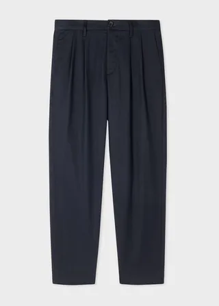 Navy Tapered Pleat-Front Cotton-Lyocell Pants