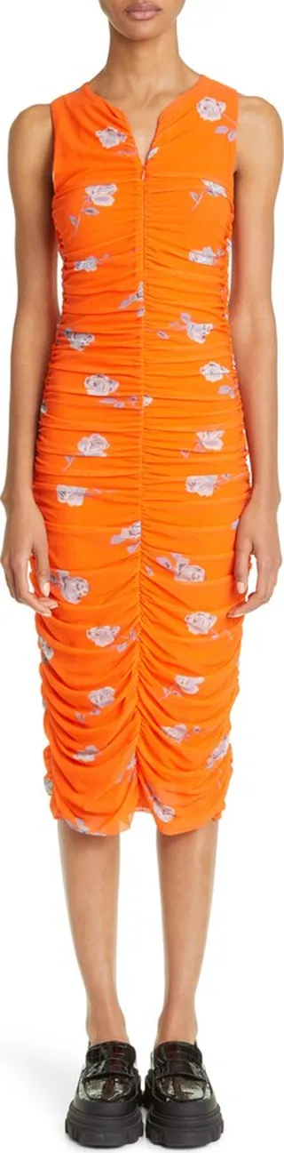 Floral Ruched Mesh Midi Dress