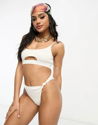 South Beach mix & match rib knot high waist bikini bottom in cream