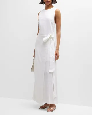 Rhodes Long Sleeveless Side-Tie Linen Dress