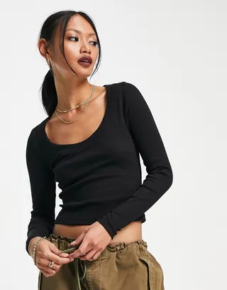 ASOS DESIGN long sleeve scoop neck rib top in black