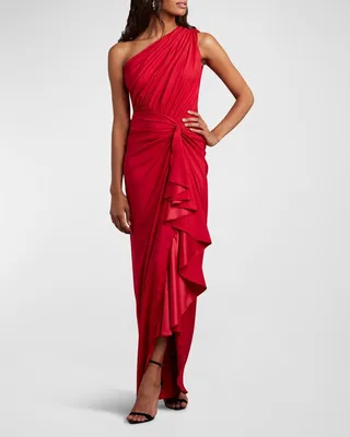 One-Shoulder Shirred Ruffle Gown