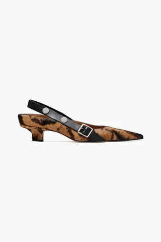 Leather-trimmed studded leopard-print calf-hair slingback pumps