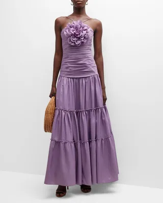 Ruched Floral Applique Gown