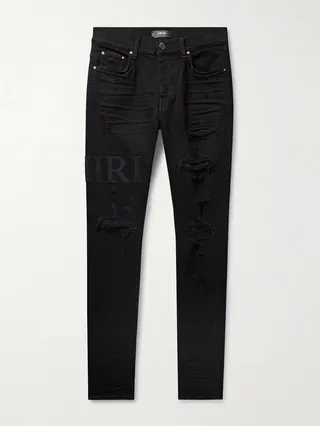 Skinny-Fit Logo-Appliquéd Distressed Jeans