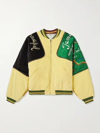 Embroidered Padded Panelled Cotton and Velvet Bomber Jacket
