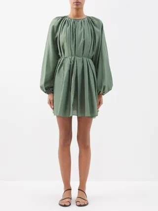 Balloon-sleeve Cotton-blend Mini Dress