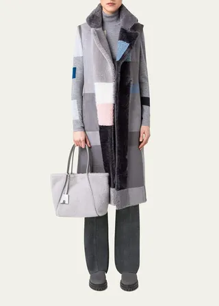 Patchwork-Lapel Long Lamb Shearling Gilet