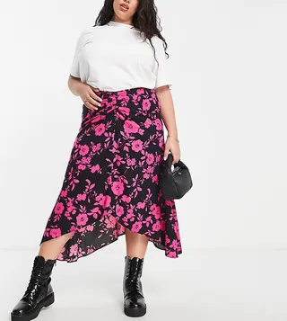 ASOS DESIGN Curve ruched midi skirt in pink floral print