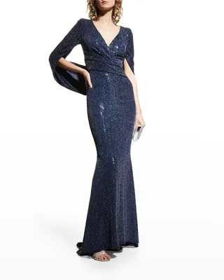 Rosin Metallic Sequin Draped Gown