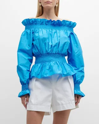 Smocked Peplum-Waist Off-The-Shoulder Silk Blouse