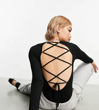 ASYOU strap back square neck bodysuit in black
