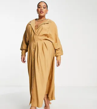 ASOS EDITION Curve drape midi shirt dress with pleat waist detail in camel