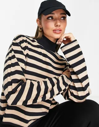 ASOS DESIGN high neck boxy long sleeve top in camel and black stripe