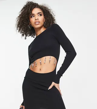 ASYOU cut out knit mini dress with drippy rhinestones in black