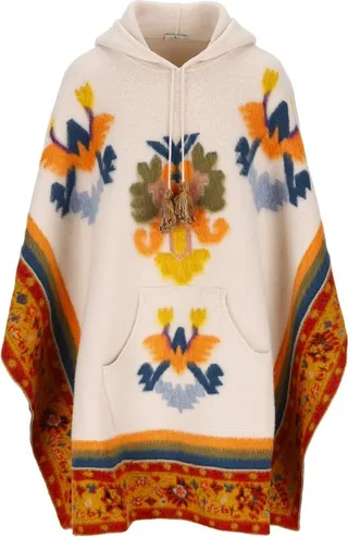 Etro Floral Patterned Drawstring Hooded Poncho