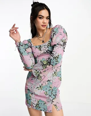 ASOS DESIGN cotton mini dress with removable sleeves in floral print