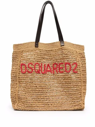 Logo-Embroidered Raffia Tote Bag