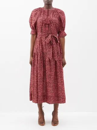 Selena Puff-sleeve Printed Cotton-blend Midi Dress