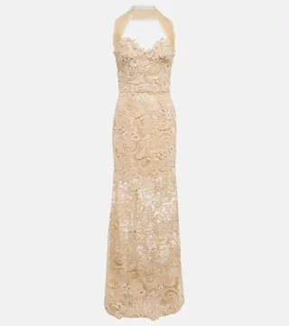 Off-shoulder guipure lace gown