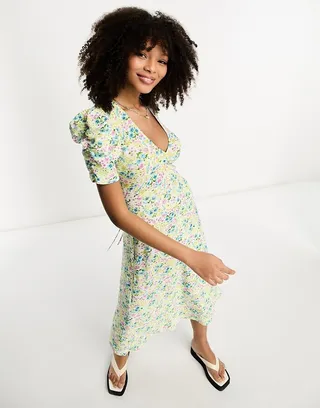 ASOS DESIGN short sleeve midi tea dress with ruched bust in pastel floral