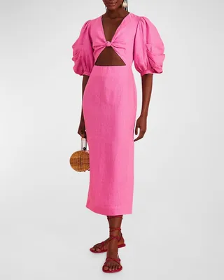 Cutout Short Balloon-Sleeve Midi Dress