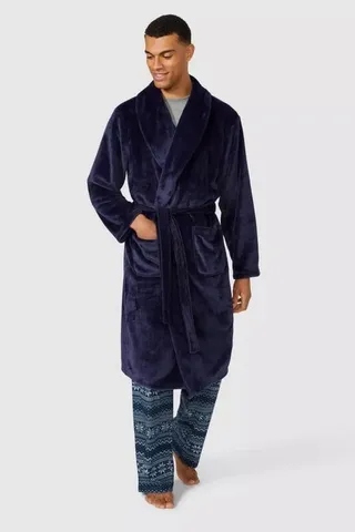 Debenhams Mens Coral Fleece Shawl Collar Bathrobe - Navy