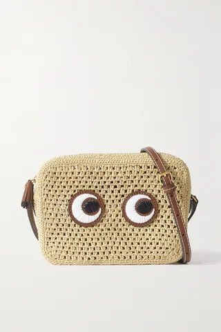Anya Hindmarch - Eyes Embroidered Leather-trimmed Raffia Shoulder Bag - Neutrals