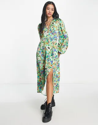 Pieces puff sleeve v neck midi dress with side split in green floral