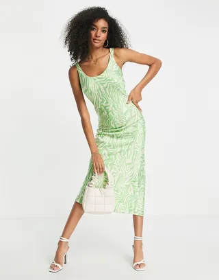 ASOS DESIGN scoop neck midi satin slip dress in green swirl print