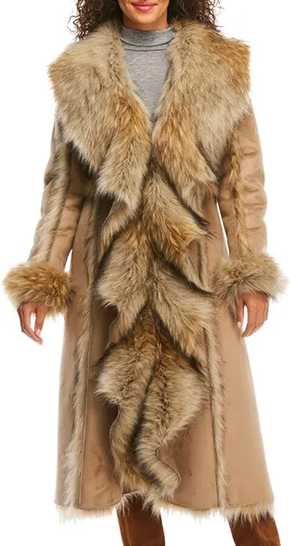 Cascade Faux Suede Faux Fur-Trim Full Coat