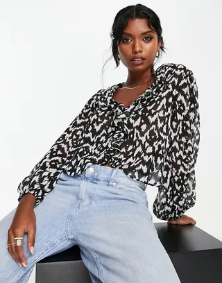 Topshop sheer chiffon ruffle printed top in monochrome