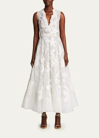 Crushed Flower Embroidered A-Line Midi Dress