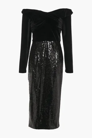 Off-the-shoulder velvet-paneled sequined tulle midi dress