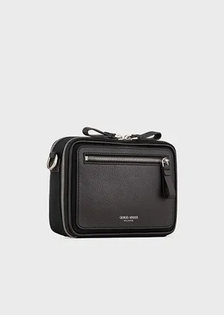 Crossbody bag in nylon and pebbled leather
