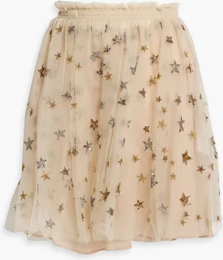 Gathered embellished tulle mini skirt