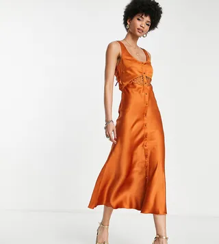 ASOS DESIGN Tall bias satin midi dress with delicate lace detail and button through detail in rust