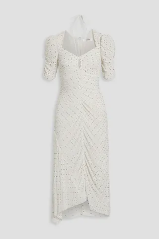 Ruched polka-dot plissé crepe de chine midi dress