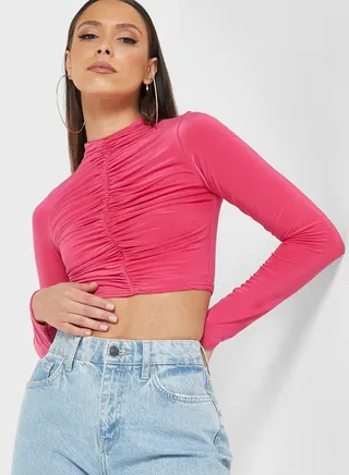 High Neck Ruched Crop Top