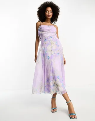 ASOS DESIGN corset midi dress with soft cowl front in lilac floral print