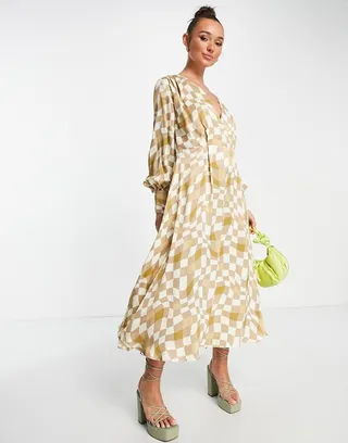 ASOS EDITION satin wrap front maxi dress in checkerboard print