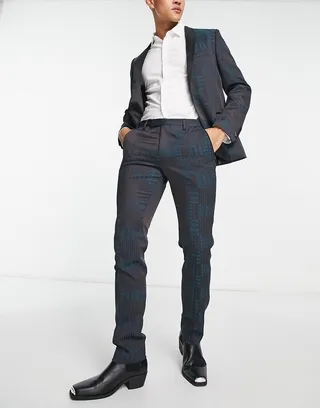 Twisted Tailor garland skinny suit pants in black with teal houndstooth jacquard