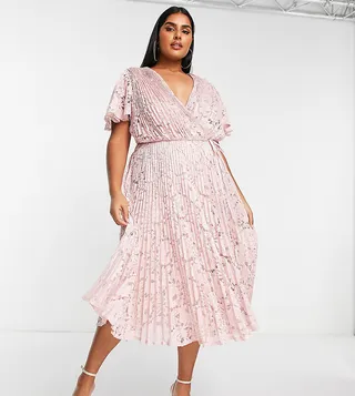 ASOS DESIGN Curve Exclusive lace pleated midi dress with tie detail in blush