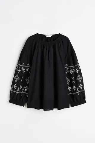 Linen-blend Embroidered Blouse
