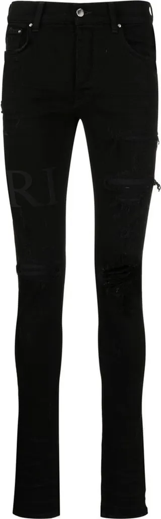 Black Serif Logo Distressed Skinny Jeans