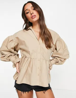 ASOS DESIGN smock shirt with volume sleeve in stone
