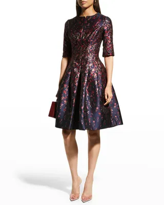 Pleated Floral Jacquard Dress