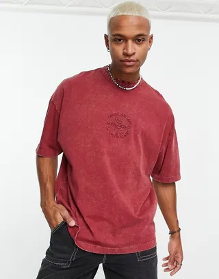 ASOS DESIGN oversized heavyweight t-shirt in washed red with chest embroidery