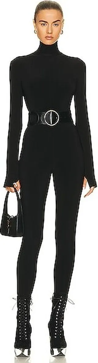 Norma Kamali Long Sleeve Turtleneck Catsuit with Footie in Black